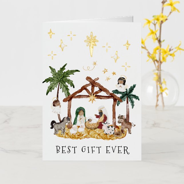 African American Black Nativity Christmas Foil Greeting Card (Yellow Flower)