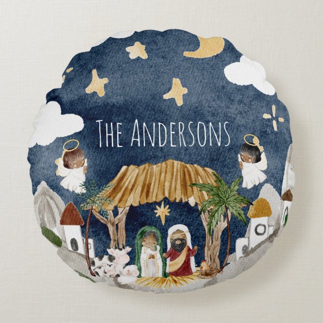 African American Black Nativity Christmas Round Cushion (Front)