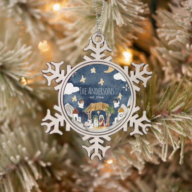 African American Black Nativity Christmas Snowflake Pewter Christmas Ornament (Tree)