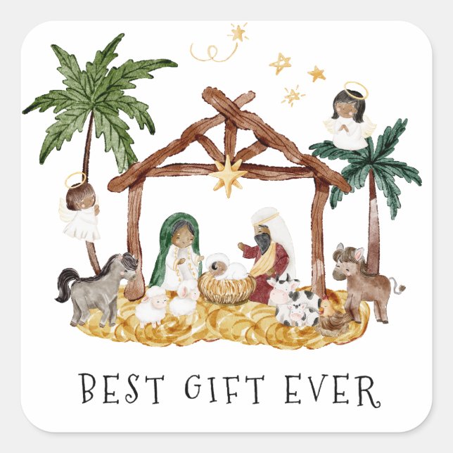 African American Black Nativity Christmas Square Sticker (Front)