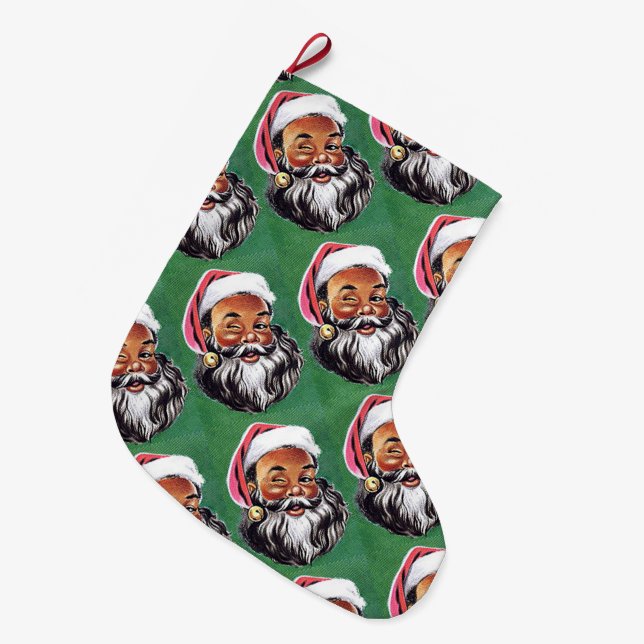 African American Black Santa Claus Christmas Large Christmas Stocking (Front (Hanging))