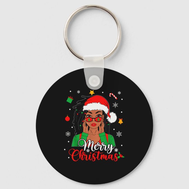 African American Black Woman Loc'd Girl Merry Chri Key Ring (Front)