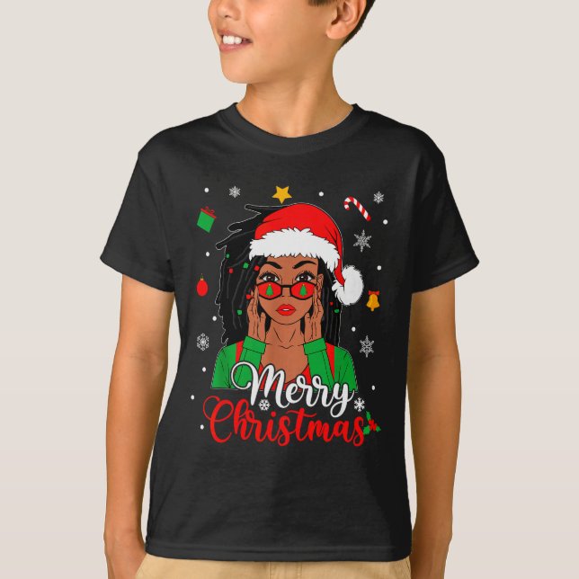 African American Black Woman Loc'd Girl Merry Chri T-Shirt (Front)
