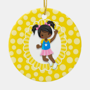 African American Bounce House Jumping Girl Ceramic Tree Decoration