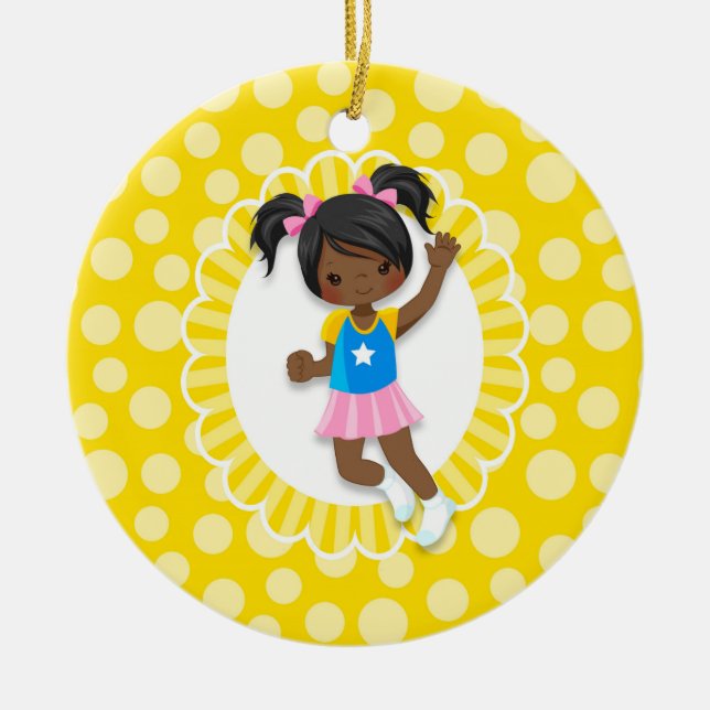 African American Bounce House Jumping Girl Ceramic Tree Decoration (Front)