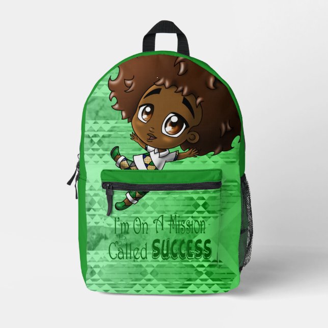 African American Boy Afro Green Printed Backpack (Front)