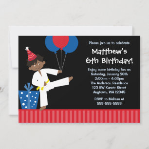 African American Boy Balloons Taekwondo Birthday Invitation