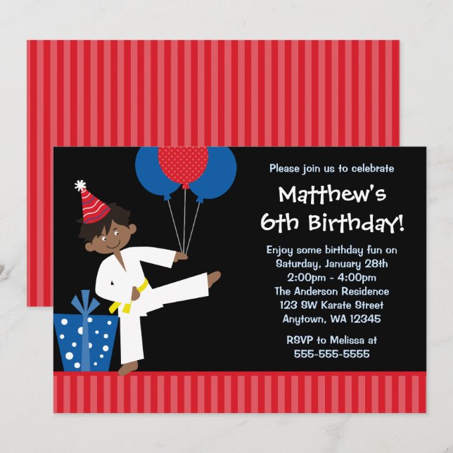 African American Boy Balloons Taekwondo Birthday Invitation (Front/Back)