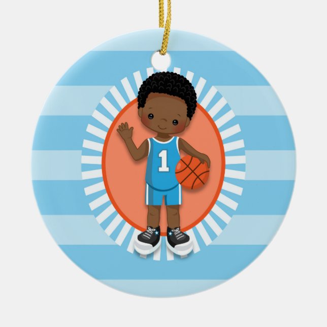 African American Boy Basketball Player Ceramic Tree Decoration (Front)
