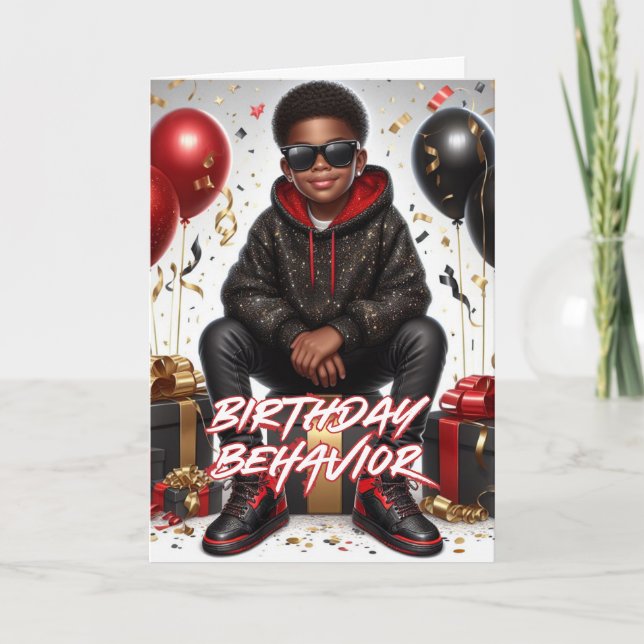 African American Boy Black/Red Birthday Behaviour Card (Front)