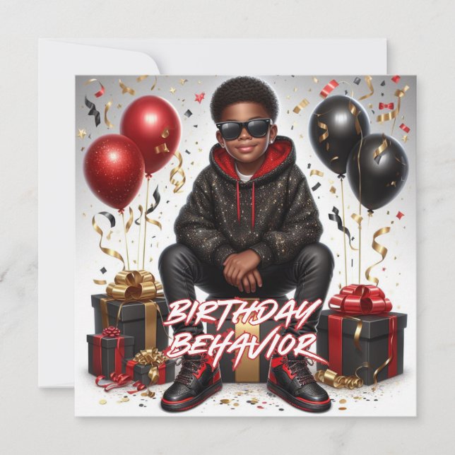 African American Boy Black/Red Birthday Behaviour Card (Front)