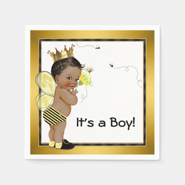 African American Boy Bumble Bee Baby Shower Napkin (Front)