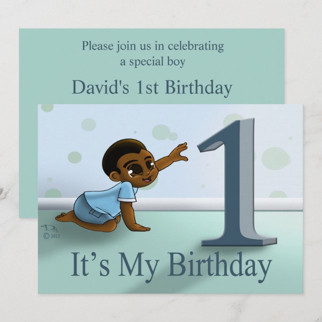 African American Boy First Birthday Party Invitation (Front/Back)