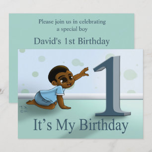 African American Boy First Birthday Party Invitation
