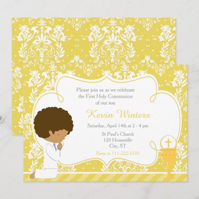 African American Boy First Communion Damask Invitation (Front/Back)