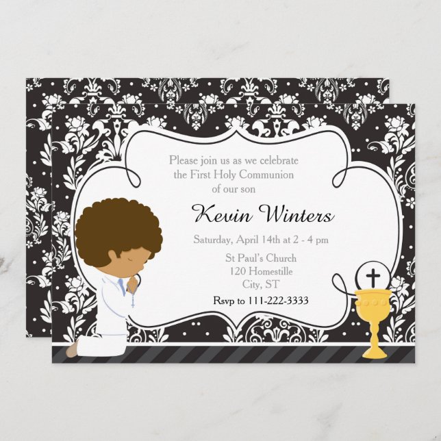 African American Boy First Communion Damask Invitation (Front/Back)