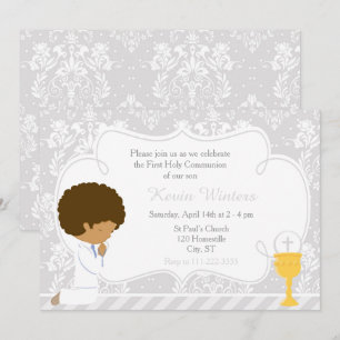 African American Boy First Communion Damask Invitation