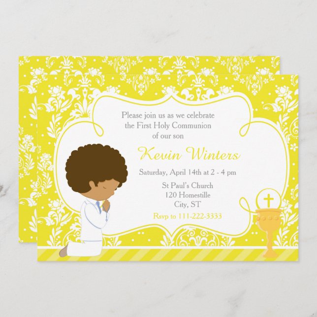 African American Boy First Communion Damask Invitation (Front/Back)