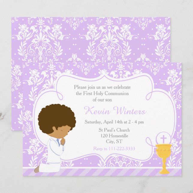 African American Boy First Communion Damask Invitation (Front/Back)