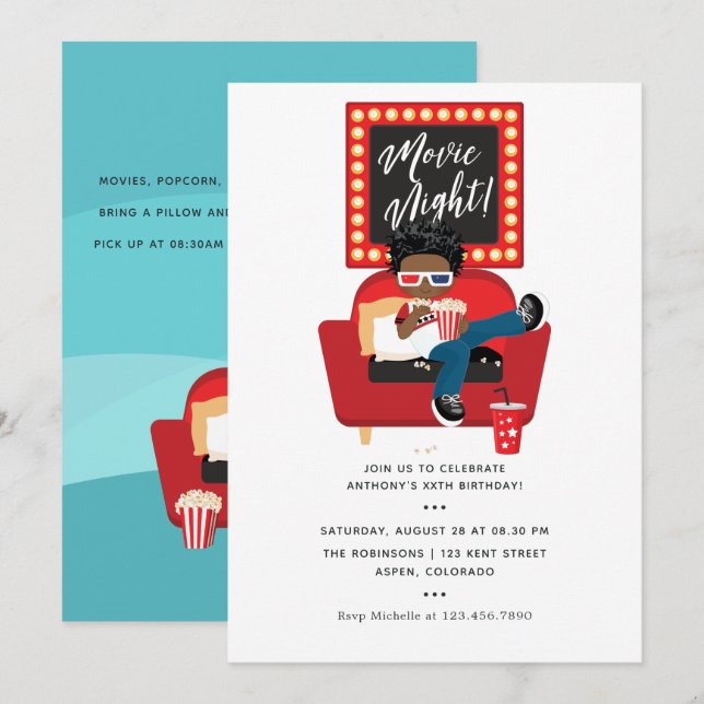 African American Boy Movie Night Sleepover Party Invitation (Front/Back)