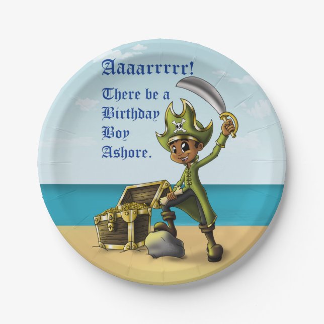 African American Boy Pirate Birthday Paper Plate (Front)