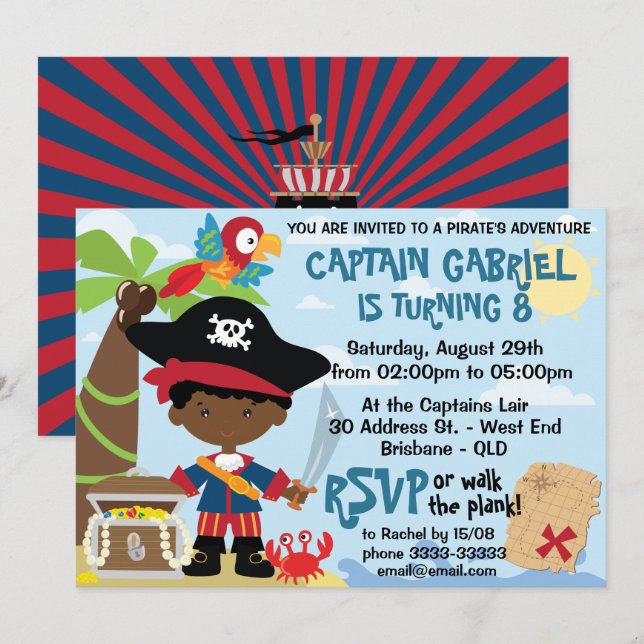 African American Boy Pirate Party Invitations (Front/Back)