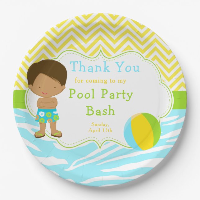 African American Boy Pool Party Bash Party Paper Plate (Front)