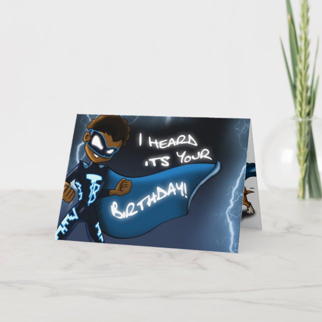 African American Boy Superhero Birthday Card (Front)