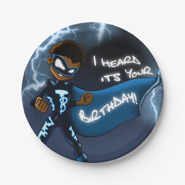African American Boy Superhero Birthday Paper Plate (Front)