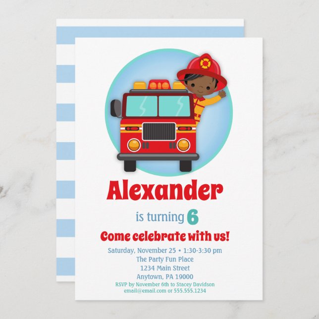 African American Boys Firefighter Birthday Invitation (Front/Back)