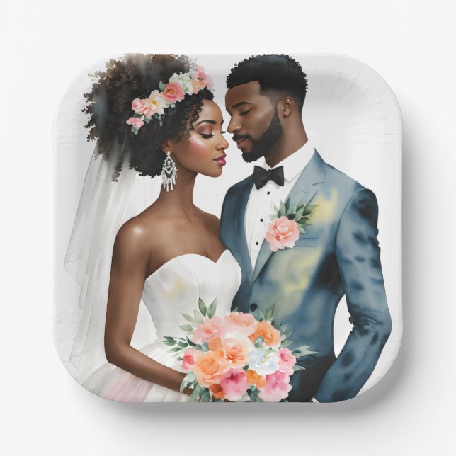 African American Bridal Couple Wedding Paper Plate (Front)