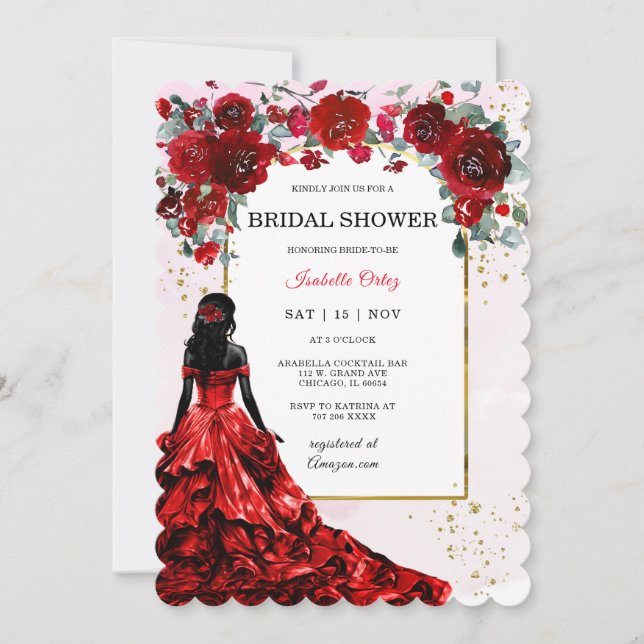 African American Bridal Shower Red and Gold Invitation (Front)