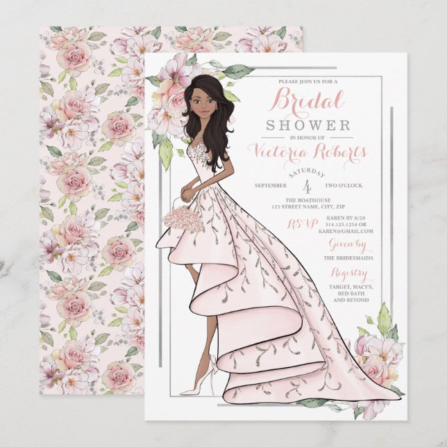 African American Bride Floral Bridal Shower Invitation (Front/Back)