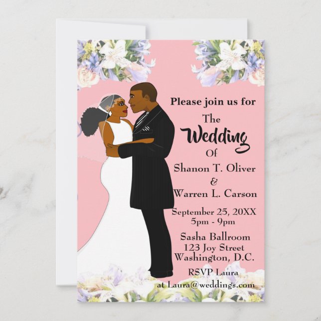 African American Bride & Groom Floral Wedding Invi Invitation (Front)