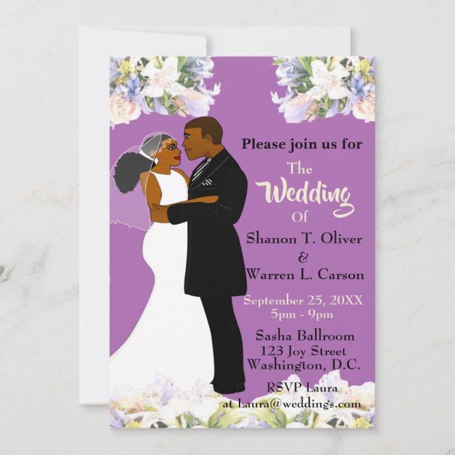 African American Bride & Groom Floral Wedding Invi Invitation (Front)