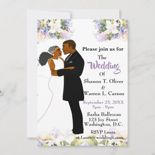 African American Bride & Groom Floral Wedding Invi Invitation (Front)