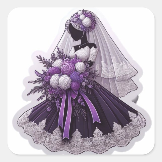 African American Bride Purple Flowers Square Sticker (Front)