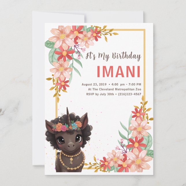 African American Brown Unicorn Kids Birthday Invit Invitation (Front)