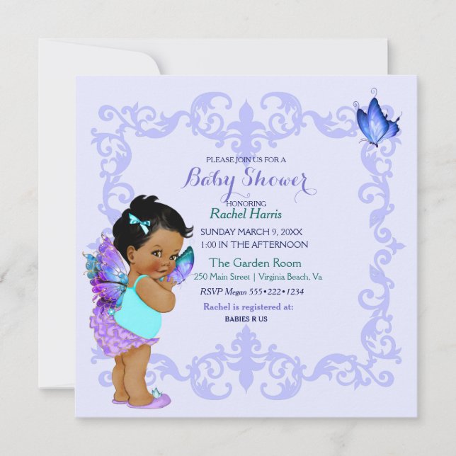 African American Butterfly Princess Vintage Baby Invitation (Front)