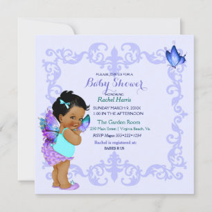 African American Butterfly Princess Vintage Baby Invitation