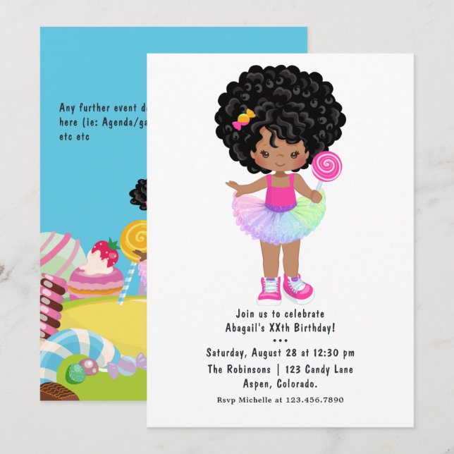 African American Candy Land Girl Birthday Party Invitation (Front/Back)