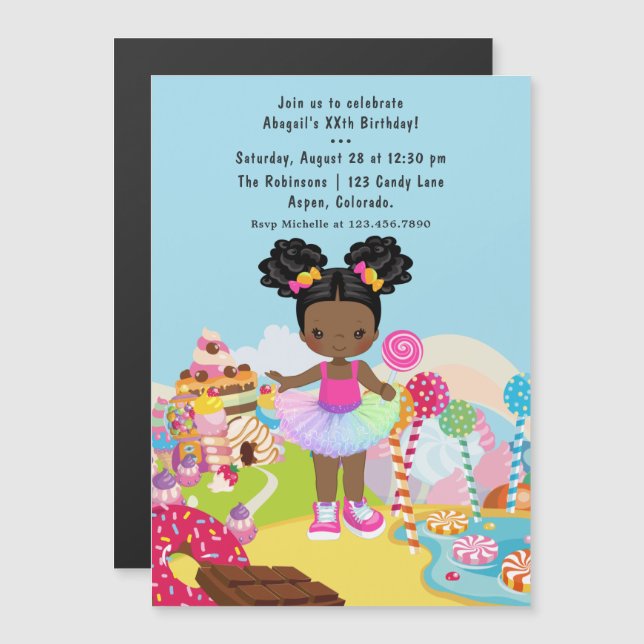 African American Candy Land Girl Birthday Party Magnetic Invitation (Front/Back)