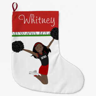African American Cheerleader in Red and Black Large Christmas Stocking