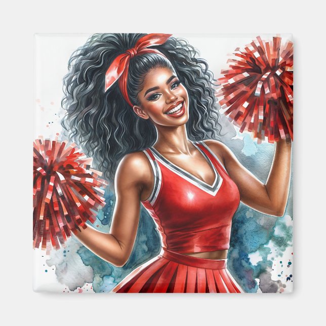 African American Cheerleader In Red Watercolor Magnet (Front)