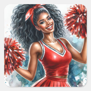 African American Cheerleader In Red Watercolor Square Sticker