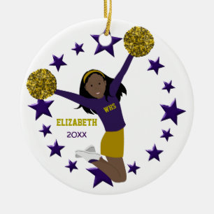 African American Cheerleader Purple & Gold Ceramic Tree Decoration