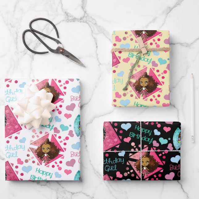 African American Chibi Girls with Hearts Birthday Wrapping Paper Sheet (Front)