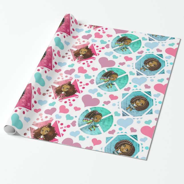 African American Chibi Girls Wrapping Paper (Unrolled)