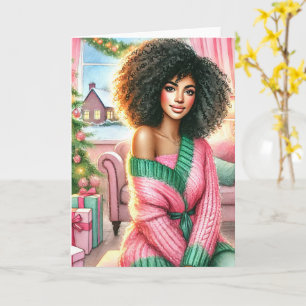 African American Christmas Card Pink and Green