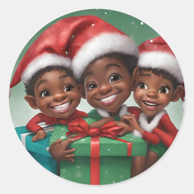 African American Christmas Elf  Classic Round Sticker (Front)